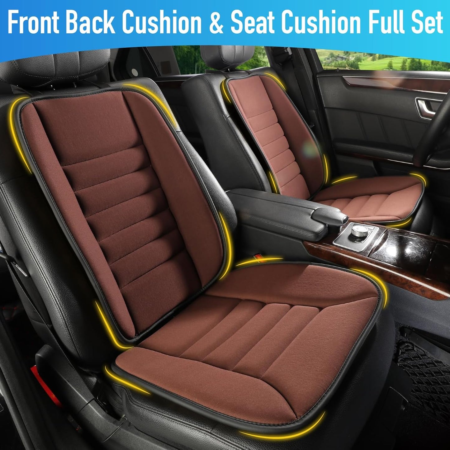 Car Seat Cushion with Back Support Pillow, Comfy Lumbar Support & Seat Cushion, Memory Foam Driving Pillow for Back-Sciatica Pain Relief, Auto Pad Suitable for Car, Truck, SUV - Brown