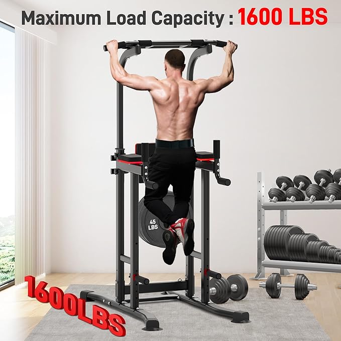 Outdoor Basic Power Tower Max Pull Up Bar and Dip Station - Heavy Duty 1600LBS Weight Capacity, Reinforced Steel Frame for Maximum Stability, Multi-Function Home Gym Equipment with Adjustable Height for Strength Training Fitness