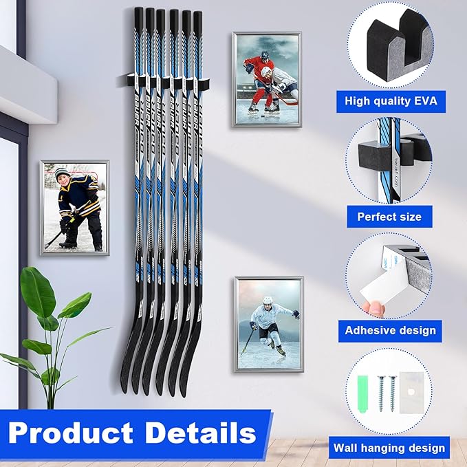 Yousoontic Hockey Stick Holder Wall Mount, 1-6 Stick Capacity, Ice and Field Hockey Organizer (Decor & Storage 2-in-1) for Home Garage Room Office Sports Decoration