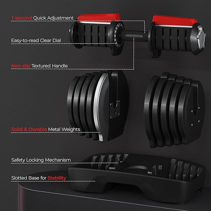 Yaheetech Adjustable Dumbbell Set 28/40/52.5/90LBS Adjustable Dumbbells Fast Adjust Dumbbell Weight Set with Anti-Slip Handle and Tray for Men/Women Home Gym Strength Training Equipment Single/Pair