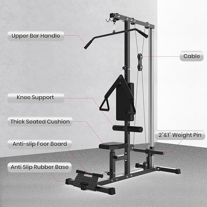 LAT Pulldown Machine, Multi-Functional Cable Machine with High and Low Pulley Station, Row Cable Machine Home Gym with Leg Support, Tricep Workout Equipment