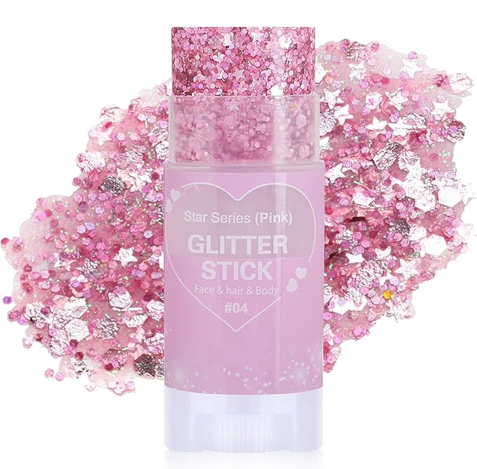 Pink Hair Glitter Stick, Chunky Sequins Body Face Glitter Singer Concert Outfits for Women,Body Paint for Kids,Waterproof Shimmer Rave Music Festival Accessories for Parties & Events