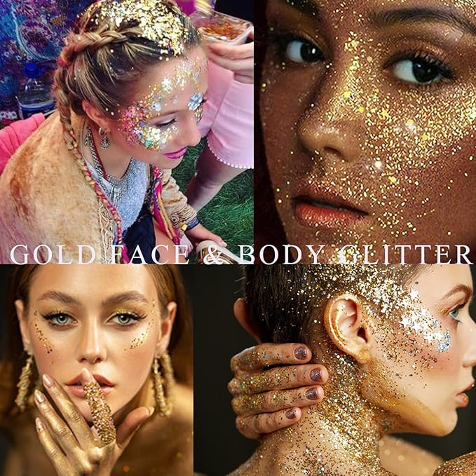 Gold Face Glitter Gel,Music Festival Yellow Body Glitter Singer Concerts Hair Glitter Sequins,Mardi Gras Outfits for Women,Sparkling Carnival Rave Accessories Decorations,50ML