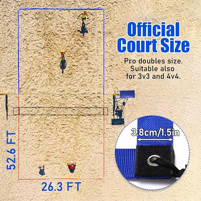 TOBWOLF 26.3' x 52.6' Beach Volleyball Lines, Volleyball Court Lines with Metal Anchors & SandBags,Highly Visible Marking Sand Lines with Metal Anchors & SandBags for Sand Outdoor Grass Backyard