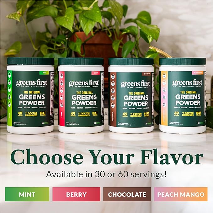 Greens First Original Greens Powder - 49 Superfoods - Organic Fruits & Veggies - Prebiotics, Probiotics & Digestive Enzymes - Antioxidant Smoothie - Dairy Free, Vegan & Non-GMO (Mint, 30 Servings)