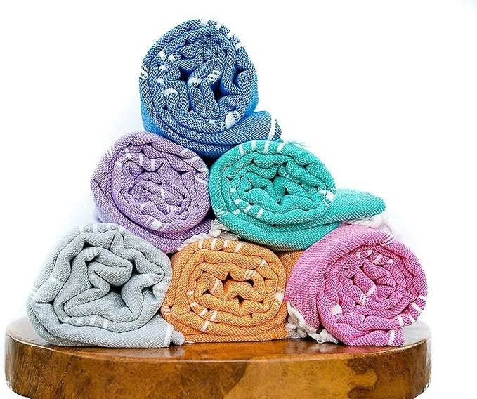 HAVLULAND Set of 6 Turkish Cotton Beach Towels, 71x39, Multi-Color, Quick-Dry, Absorbent, Lightweight, Sand-Free, Ideal for Beach, Pool, Gym, Yoga, Travel, Camping, Picnic