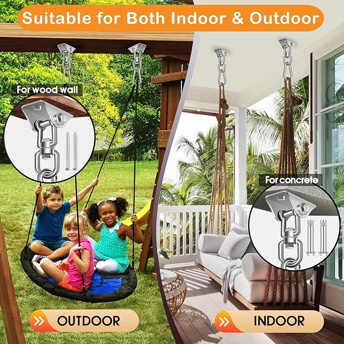 Hammock Hanging Kit 2 Pack, Porch Swing Hanging Kit 1200 Lb Capacity, Hammock Ceiling Hooks Heavy Duty 360° Stainless Steel Rotating Hanging Swing Chair for Hammock Chair Stand, Porch, Yoga, Gym