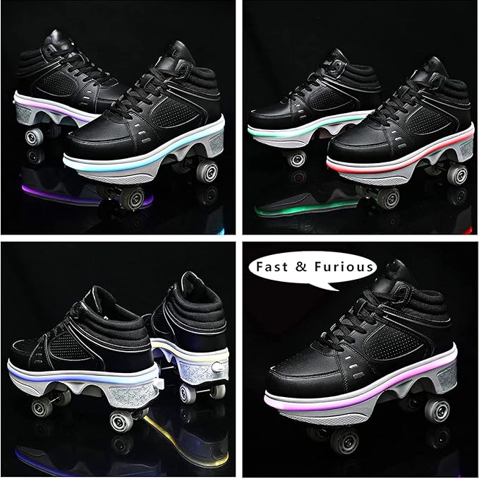 Roller Skate Shoes for Women Four Rounds Children's Roller Skates Shoes That Turn into Rollerskates Sneakers Outdoor Light Shoes with Wheels for Girls/Boys