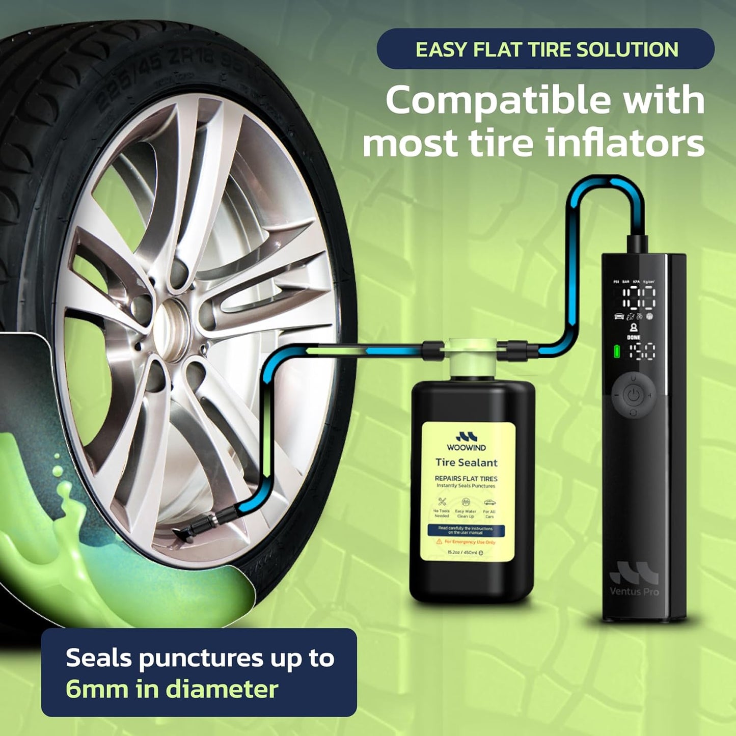 Tire Inflator Portable Air Compressor for Car, Bike, Motorcycle, SUV, Offroad & Truck - Fast Car Pump, 150 PSI, Cordless 12V DC, LED Display Emergency Light Woowind (Ventus pro + Tire sealant)