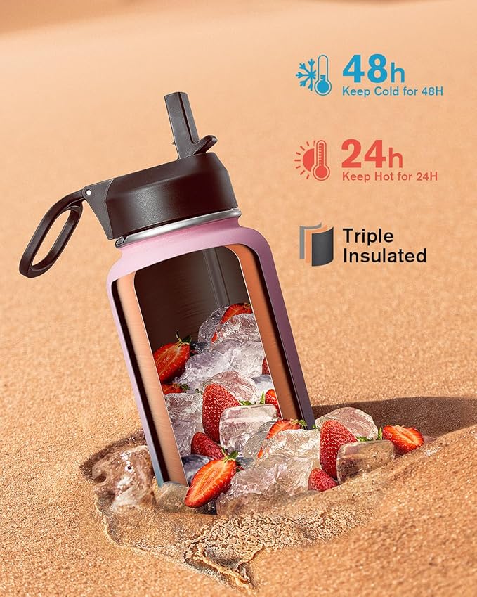 40 oz Insulated Water Bottle with Straw&3 Lids, Coolflask Stainless Steel Metal flask Wide Mouth for Sports or Office, Non-BPA Keep Cold Up to 48 Hrs or Hot Up to 24 Hrs, Bubblegum Princess