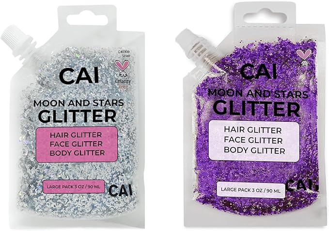 Hair Glitter Gel – Body Glitter for Kids and Women – Iridescent Cosmetic-Grade Gel w/Moon & Stars for Hair, Body & Face, Applies Smoothly w/o Glue & Washes Off Easily, 3 Oz - Purple/Silver 2Pack