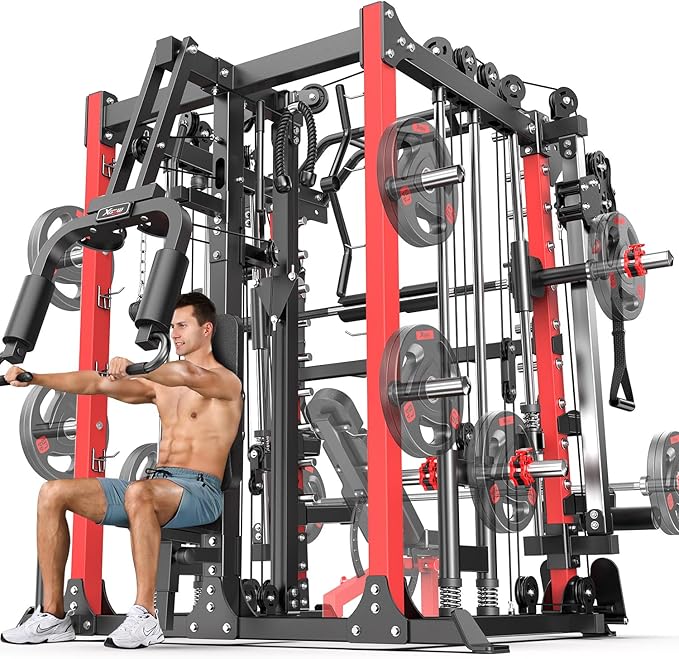 Smith Machine Power Rack Multifunctional Power Cage Deep Squat Rack Cable Crossover System Selectable More Training Attachment for Garage & Home Gym