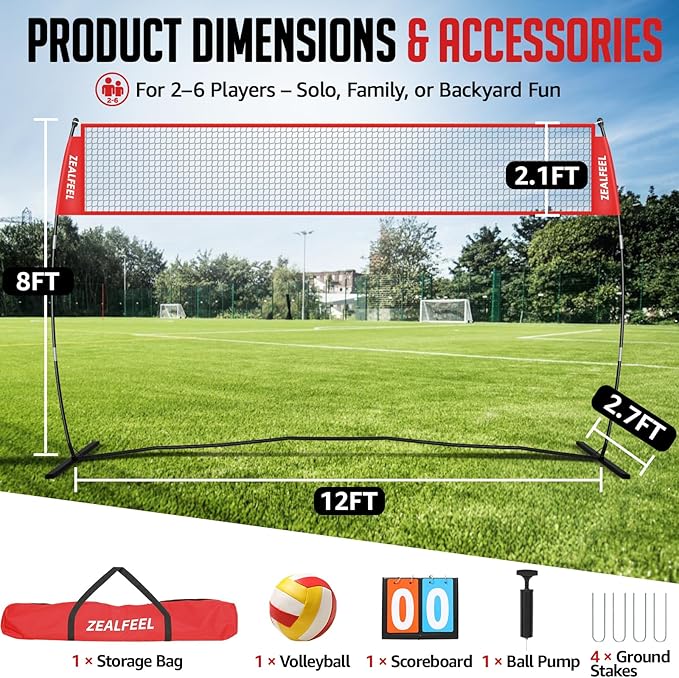 Volleyball Net, 12FT Training Set with 3-Level Adjustable Height (8'/7.4'/6.6'), Freestanding Portable Practice Net for Backyard, Serving & Spiking Drills, with Carry Bag for Outdoor & Indoor