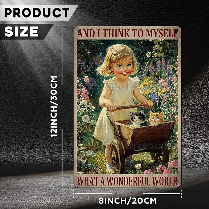 Garden Girl Metal Tin Sign Wall Art Rustic Vintage Outdoor Decor And I Think To Myself What A Wonderful World Quote 12 * 8inch