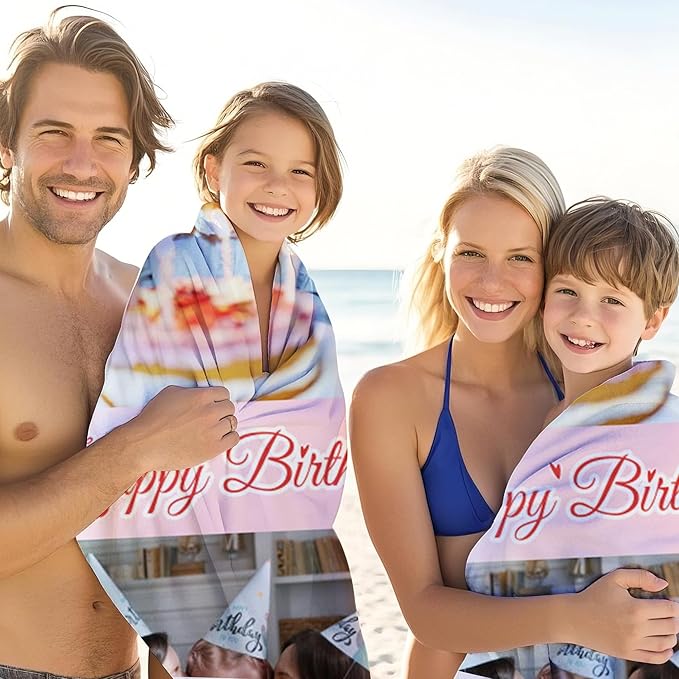 JML Birthday Gifts for Mom Dad Daughter Son, Personalized Beach Towel with Photo Text, Custom Beach Towel Gift for Mother's Day, Anniversary, Family Day, Summer Holiday, Vacation