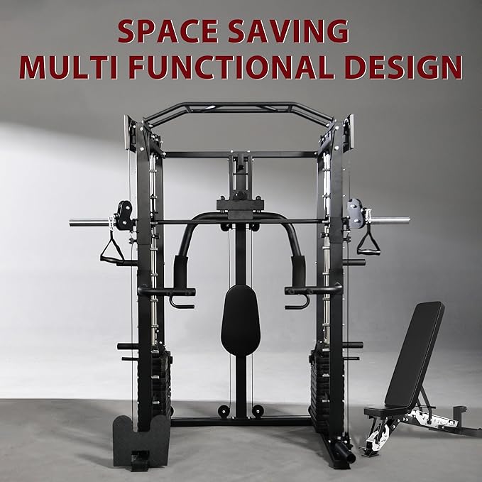 Smith Machine with Chest Fly & Leg Press, All-in-One Home Gym Power Cage with Weight Stack, Bench and Full Accessory Kit for Total Body Strength Training for Beginners
