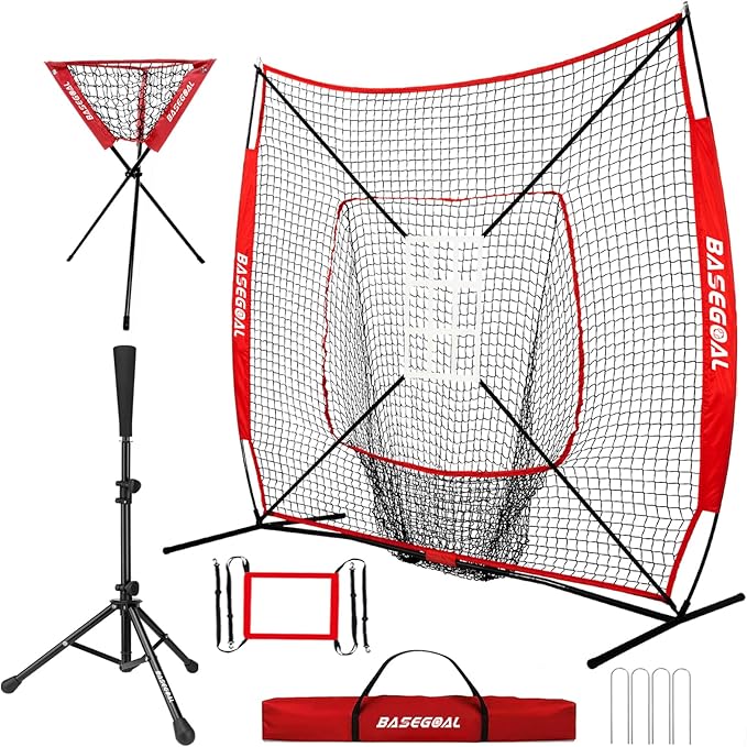 7'×7' Baseball Softball Practice Net,Baseball Backstop,with Batting Tee,Ball Caddy,for Hitting Pitching Batting Catching with Bow Frame,Bonus Strike Zone,Portable and Foldable