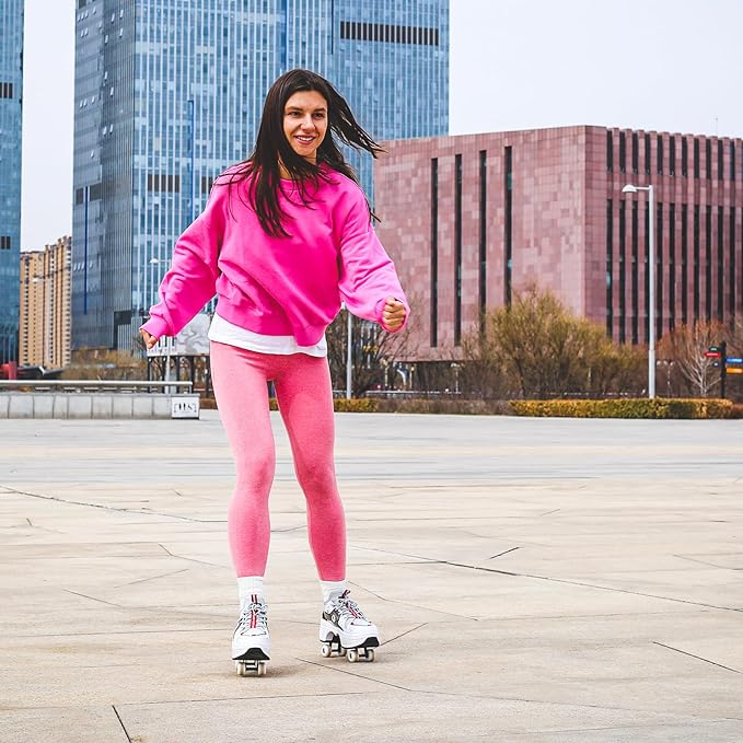 Roller Skate Shoes for Women Four Rounds Children's Roller Skates Shoes That Turn into Rollerskates Sneakers Outdoor Light Shoes with Wheels for Girls/Boys