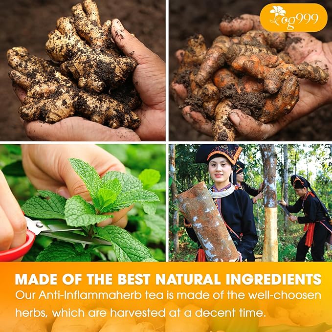 20 Tea Bags - Anti-Inflammaherb Loose Leaf Tea, 100% Natural from Ginger, Turmeric, Peppermint, Black Pepper, Cinnamon. No Sugar, No Caffeine, No Gluten, Vegan