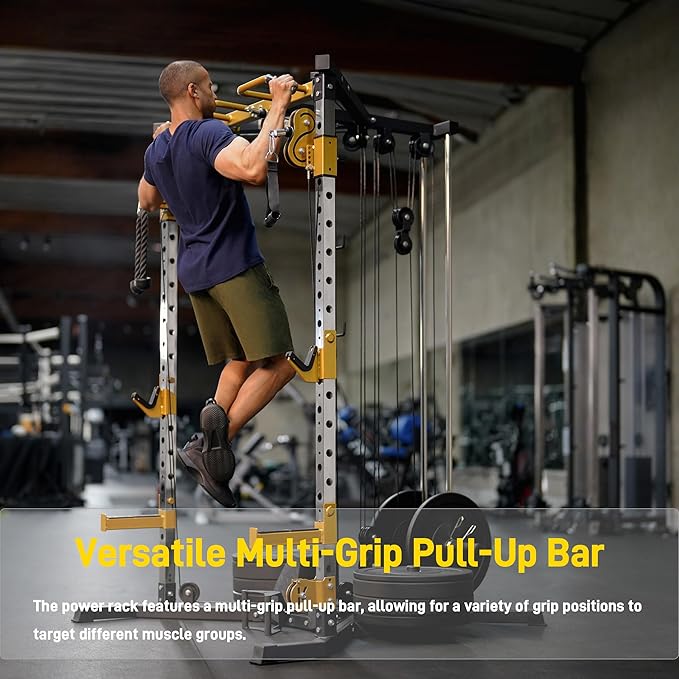 Power Rack with Dual Pulley System, Cable Crossover, LAT Pulldown, Bench Press & Squat Rack, Full Body Strength Training Cage for Home Gym
