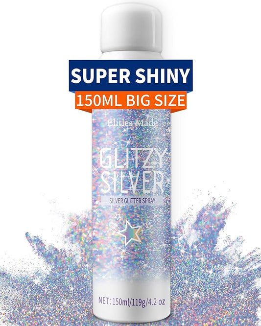 Hair Glitter Body Glitter Spray, 150ML Glitter Hairapray Holographic Silver Glitter Spray for Hair and Boday, Hair Glitter for Kids Women, Body Shimmer Festival Makeup 4.2 Fl Oz