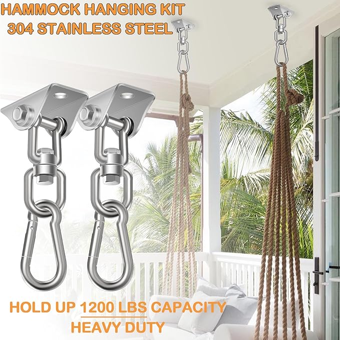 Hammock Hanging Kit 2 Pack, Porch Swing Hanging Kit 1200 Lb Capacity, Hammock Ceiling Hooks Heavy Duty 360° Stainless Steel Rotating Hanging Swing Chair for Hammock Chair Stand, Porch, Yoga, Gym