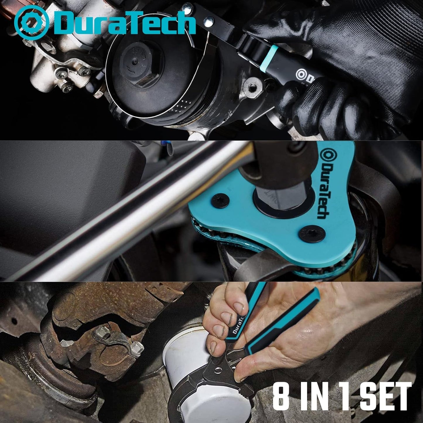 DURATECH 8-Piece Oil Filter Swivel Wrench Set, Wrenches Cover 2-3/4" to 5-1/4", 9" & 12" Adjustable Oil Filter Pliers, Universal 3-Jaw Removal Tool with 1/2" to 3/8" Adapter, Organized in Storage Case