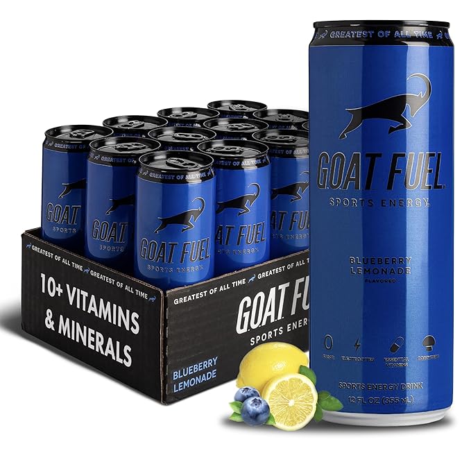G.O.A.T. Fuel Energy Drink, Co-Founded by Jerry Rice, Natural Caffeine, Electrolytes, BCAAs, Cordyceps Mushrooms & Antioxidants, Light Carbonation Pre Workout, 12 Pack, 12 FL Oz, Blueberry Lemonade