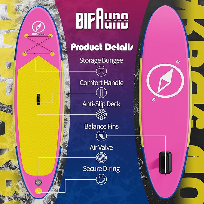 Inflatable Stand Up Paddle Board with SUP Accessories & Backpack. Paddle Boards for Adults. Non-Slip Deck, Wide Stance, Bottom Fin, Double Action Pump.