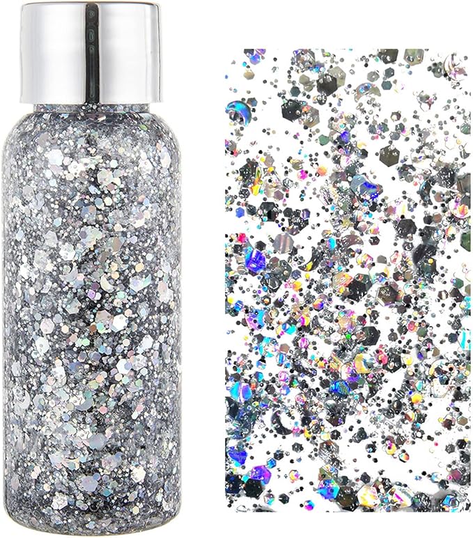 MAEPEOR Chunky Face Body Glitter Gel 19 Colors Mermaid Sequins Holographic Body Glitter Gel Long-Lasting Festival Makeup Glitter Paint for Face Body Hair Nails (30g, 01 Silver)