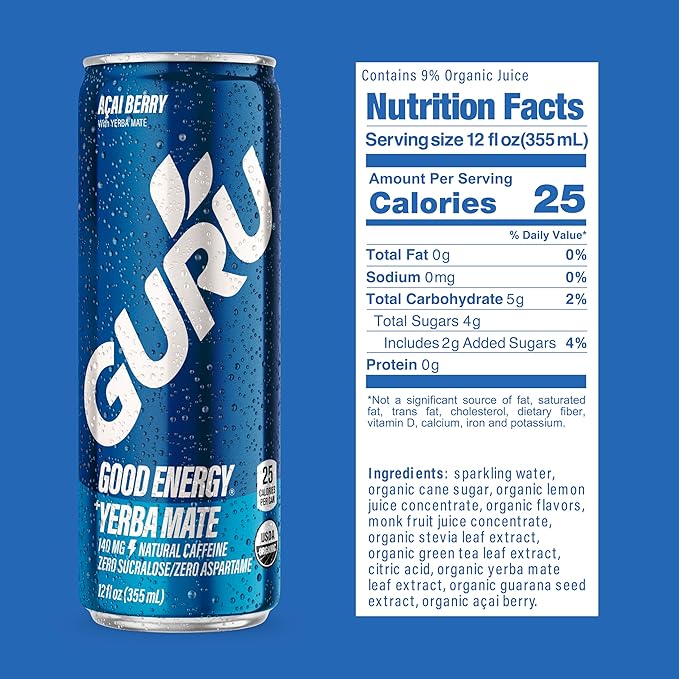 GURU Organic Energy Drinks Variety Pack, Clean Energy Drink with Plant Based Natural Caffeine from Green Tea, Gluten Free and Vegan, 140MG Caffeine, Healthy Drinks, 12 oz (Pack of 12)