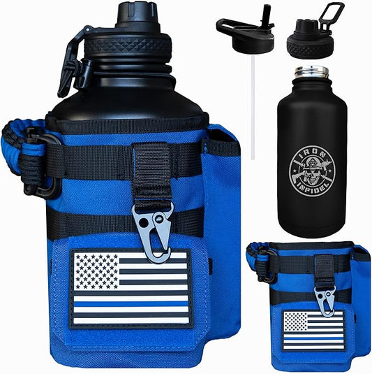 Iron Infidel Battle Bottle - Half Gallon Insulated Water Bottle with Paracord Handle, Large 64 oz Stainless Steel Water Jug with Rugged, Removable Sleeve for Keys, Wallet & Phone (Blue Line 2 Liter)