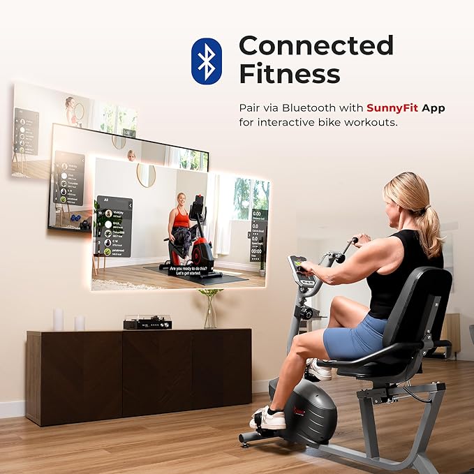 Sunny Health & Fitness Smart Indoor Recumbent Bike Trainer, Home Full Body Workout & Cardio Cycling Machine for Seniors, Free SunnyFit Bluetooth Connect, Optional Arm Exerciser Hand Cycle & Bands