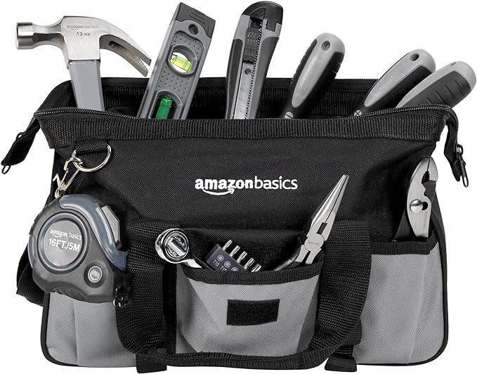 Amazon Basics 65 Piece Home Basic Repair Tool Kit Set With Bag, Silver, Black
