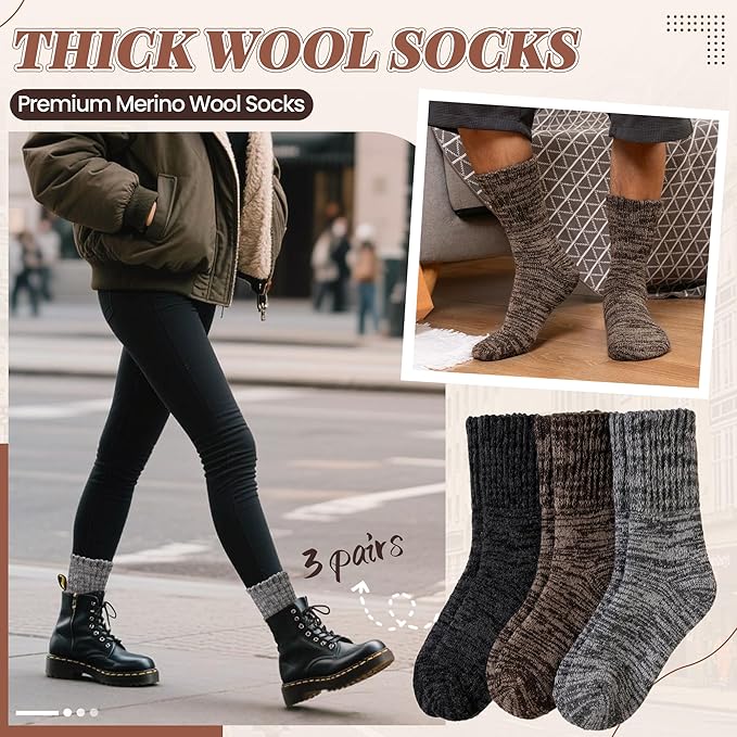 Merino Wool Boot Socks Thermal Winter Ski Thick Warm Hiking Socks for Women Men 3 Pairs