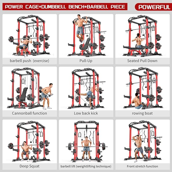 Power Rack Power Cages Multi-Function Squat Rack with Cable Crossover System Selectable More Training Attachment Weight Cage for Garage Home Gym