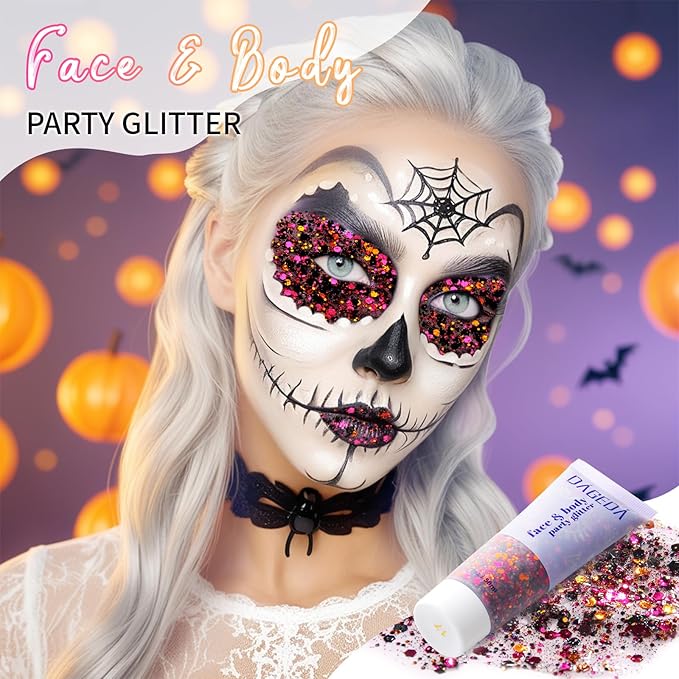 DAGEDA Halloween Body Glitter Gel, Face Glitter Body Gel Sequins Shimmer, Halloween Decor Makeup Chunky Glitter for Face Hair Nails, Holographic Cosmetic Laser Powder Festival Glitter Makeup 50ml