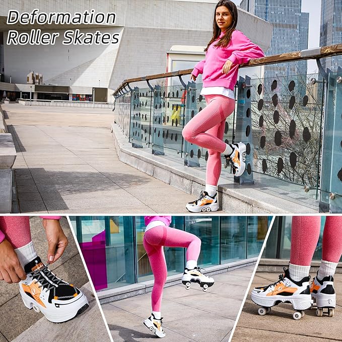 Roller Skate Shoes for Women Four Rounds Children's Roller Skates Shoes That Turn into Rollerskates Sneakers Outdoor Light Shoes with Wheels for Girls/Boys