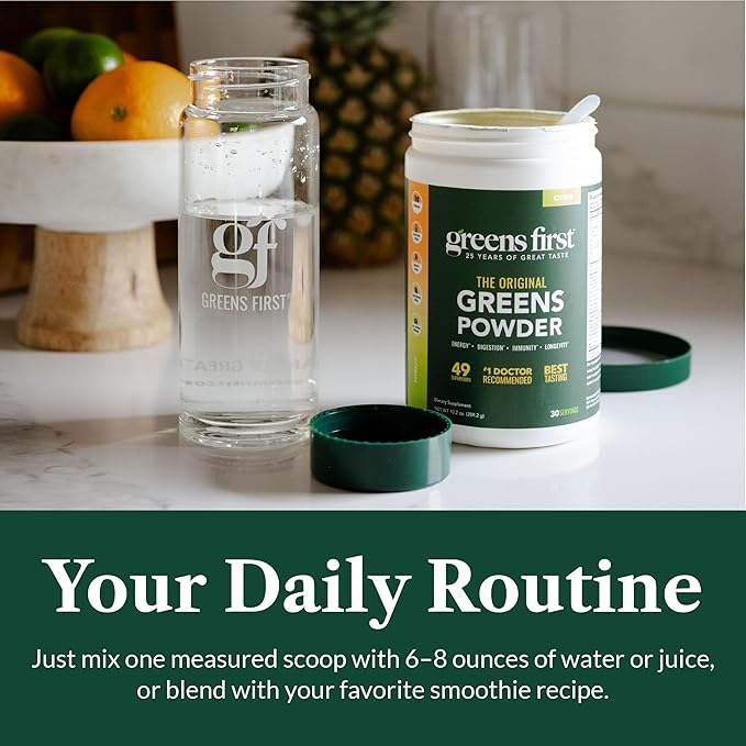 Greens First Original Greens Powder - 49 Superfoods - Organic Fruits & Veggies - Prebiotics, Probiotics & Digestive Enzymes - Antioxidant Smoothie - Dairy Free/Vegan/Non-GMO (Citrus, 60 Servings)