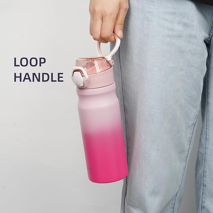 Insulated Water Bottle with Straw and Carry Loop,18 oz Stainless Steel Double Wall Vaccum Metal Water Flask with Leak-proof Lid,Cherry