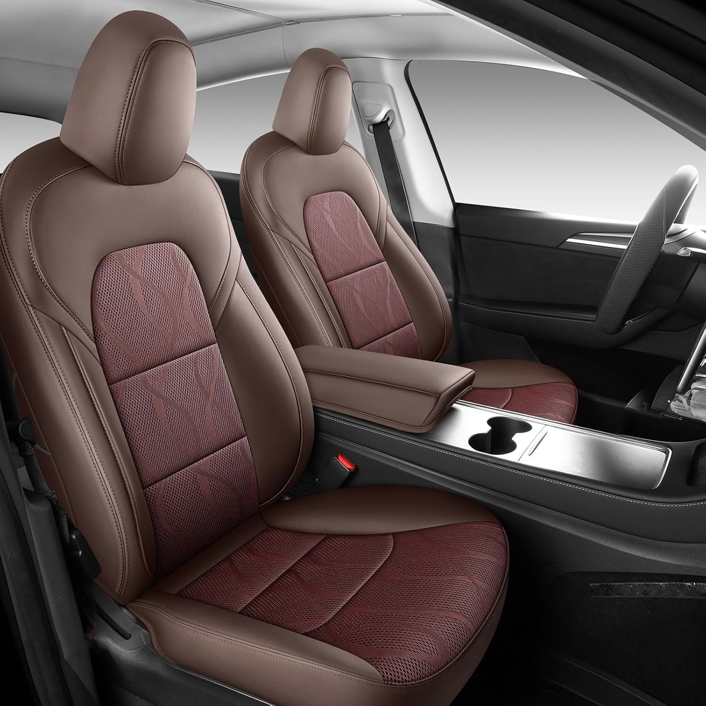 Tesla Model Y Seat Cover Full Set, Faux Leather Tesla Car Seat Cover, Perfect Suitable for Tesla Model Y 2020 2021 2022 2023 2024 2025 (Brown)