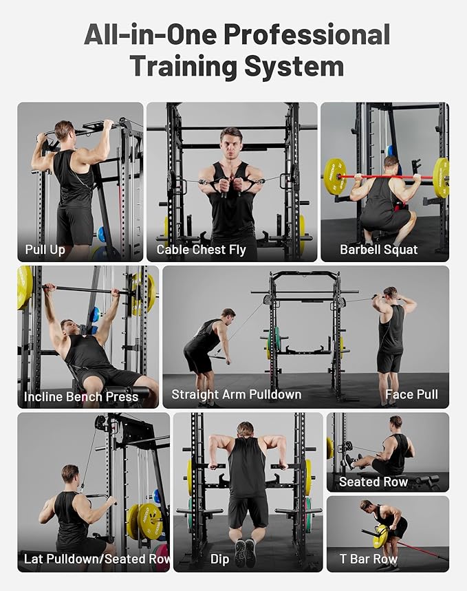 Mikolo Smith Machine, 2200lbs Squat Rack with LAT-Pull Down System & Cable Crossover Machine, Training Equipment with Leg Hold-Down Attachment