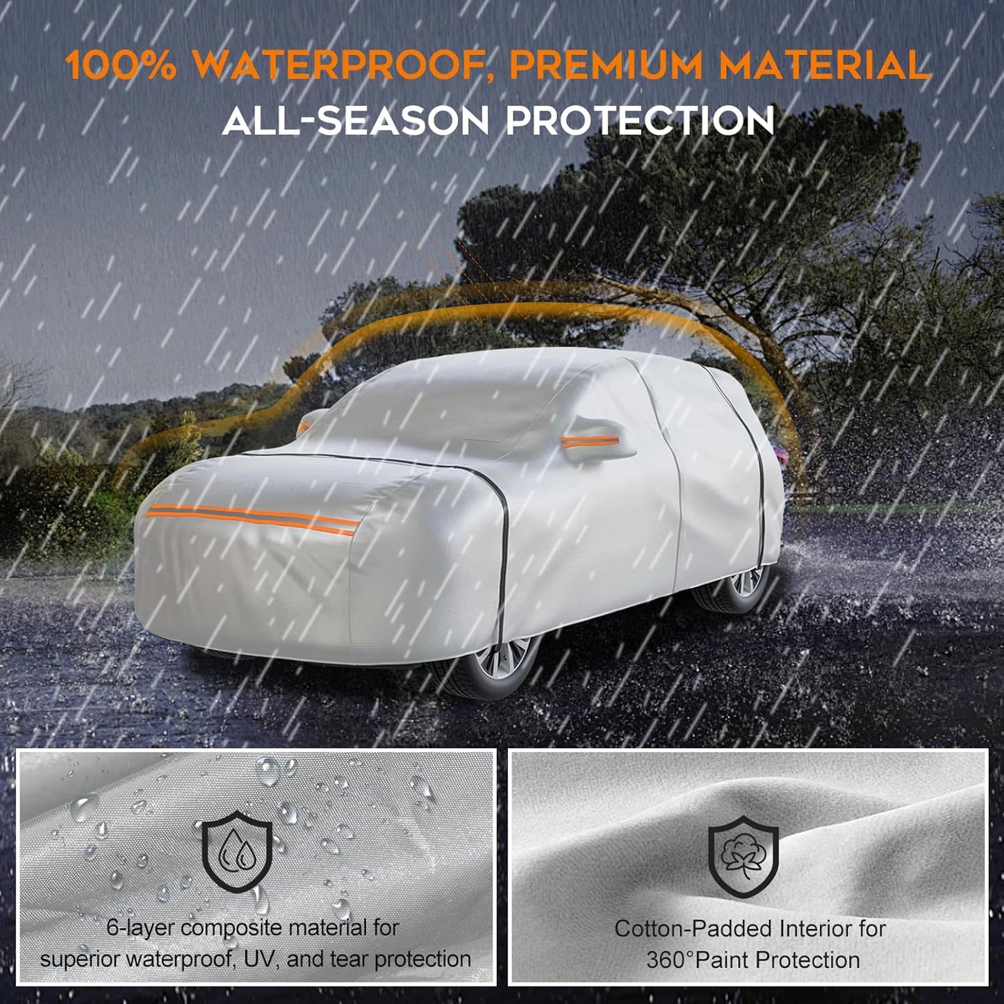 Waterproof SUV Car Cover: 6-Layer Protection from Rain, Snow, UV & Dust - Universal Fit up to 201 inches with Zipper Door & Windproof Straps for Outdoor, Garage, Travel Use, Silver