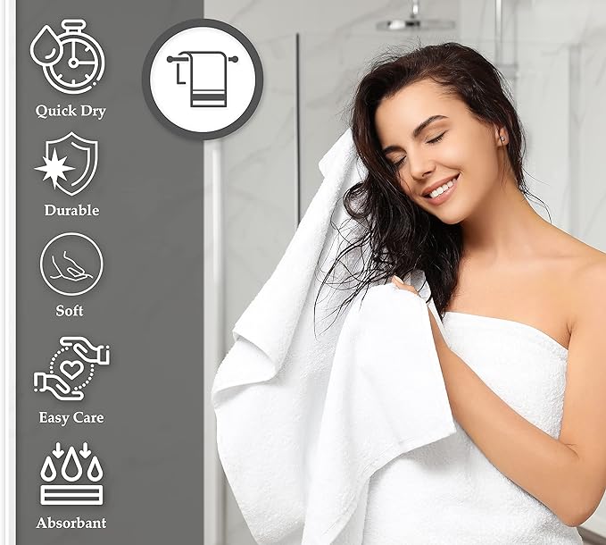 GOLD TEXTILES 60 White Economy Bath Towels Bulk (24x48 Inch) Cotton Blend for Softness-Commercial Grade Easy Care