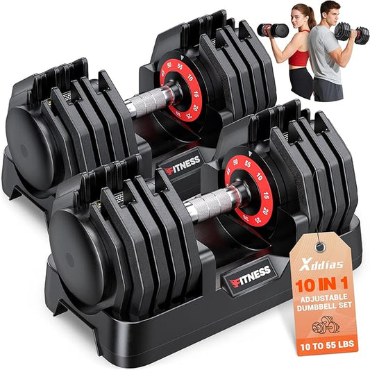 XDDIAS Adjustable Dumbbell Set of 2, 25/55/80LB Dumbbell Set-1Sec Adjustable Weights-5/10 in 1 Free Weights Dumbbells Set with Effortless Tray/No-Slip Handle-Compact Size for Women/Men at Home Gym