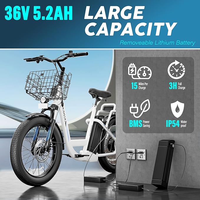 Caroma Electric Scooter with Seat, 48V Removable Battery E-Bike, Up to 30Miles&20MPH, 500/800/1200W Motor, 20" Fat Tire Adult Electric Bicycles for Commuting with Basket