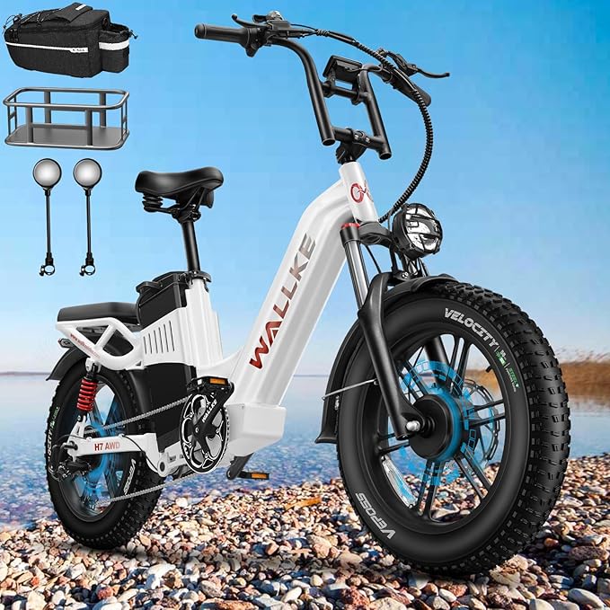 W Wallke H7 AWD Dual Motor Electric Bike for Adult, 48V 60Ah/40Ah Removable Battery, Long Range 32-34MPH Fast Ebike, 20" Fat Tire Mountain Offroad All Terrain Full Suspension E-Bicycle, UL2849 List