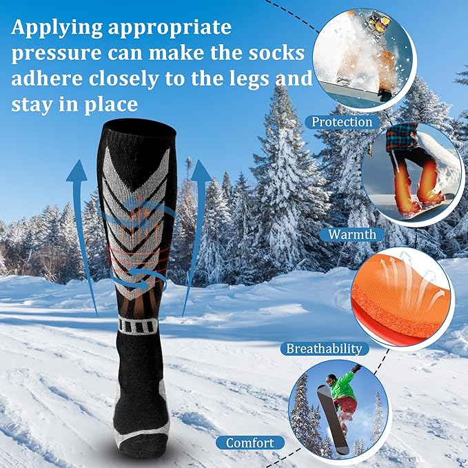 Merino Wool Ski Socks - 2 Pairs Knee High Skiing Socks, Winter Warm Snowboard Thermal Socks
