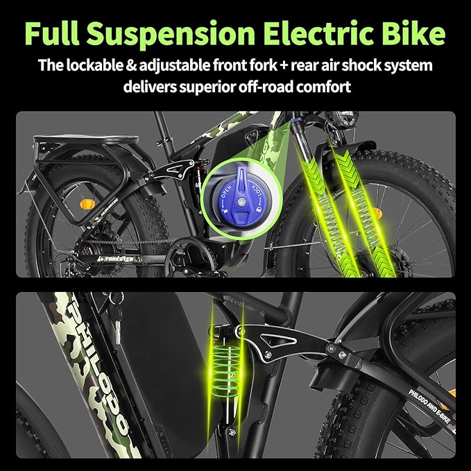 PHILODO Forester Electric Bike, 60V 26Ah Bike Battery for Long Range with 5000W Dual Motor Ebike for Adults, 26x4 Electric Bike Fat Tires for All Terrain Electric Mountain Bike