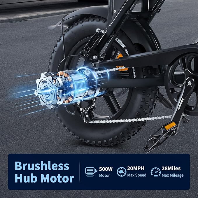 Electric Bike for Adults, Fat Tire EBike, 36V 10.4Ah Removable Battery, 500W Upgrade Motor, 20MPH Commuter Bike, V8 Mini Electric Bicycle for Mountains, Snow, Sand, Road